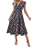 Zeagoo Women's Casual Midi Dress Summer Tiered Flutter Sleeve Floral Beach Sundress Vacation Sun T-Shirt Dress M