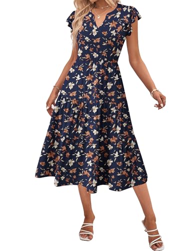 Zeagoo Casual Summer Dresses for Women Floral Midi Dress Short Sleeve Boho Sun Dress with Pockets V Neck A Line Dress Womens Swing Tiered Dresses XXL