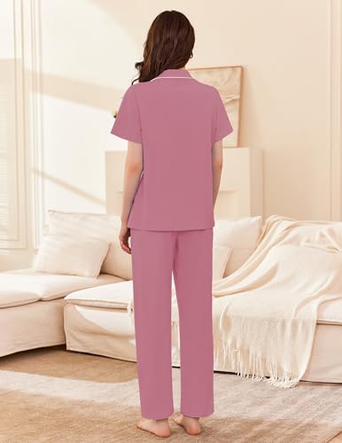 Image of Ekouaer Women's 100% Cotton Pajamas Set Short Sleeve Button Down Pjs 2 Piece Soft Sleepwear with Long Pants Lounge Set