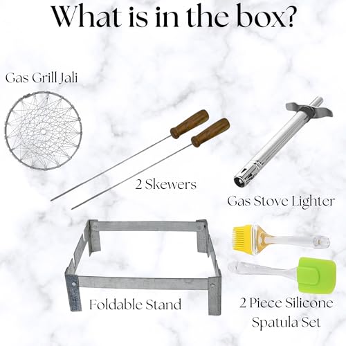 Image of Small Gas Stove BBQ Grill Stand | Barbecue Grill Set with Grill Jali, 2 Skewers, Gas Lighter & Silicone Spatula and Oil Brush | For Tandoori, Paneer Tikka & Kebabs