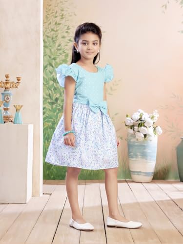 Image of Aarika Girls Casual Wear Firozi Colour Polka DotFloral Print Cotton Blend Frock