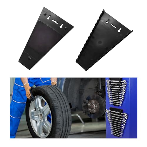 Kewucn 2PCS Magnetic Wrench Organizer, Wall Mounted Wrench Rack Tool Trays SAE (1/4' - 1/16') & Metric (6mm - 24mm), Wrench Holder Set for Heavy Duty (Black & Black)