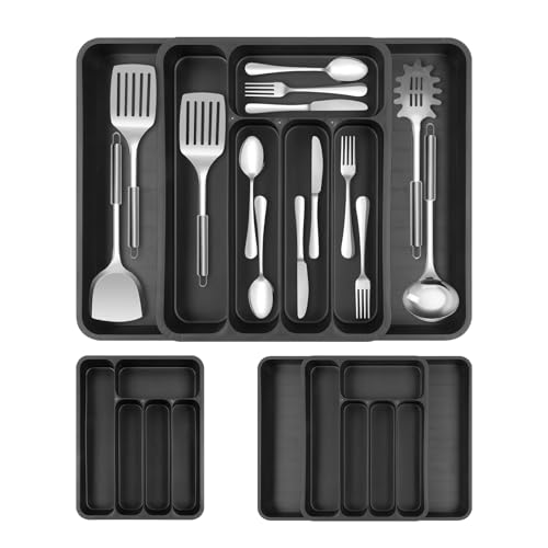 AiQInu Cuberteros para Cajon Cocina, Organizador Cajones Cocina Grande Expandible, Organizador de Cubiertos para Cajon, para Tenedores, Cuchillos, Almacenador, Negro, 50x36x5.3cm