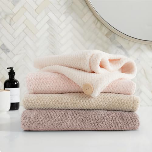 Image of ROLSHOL Extra Large 4 Pack Microfiber Hair Towel Wrap for Women Super Absorbent & Quick Dry Hair Drying Towels with Button, Hair Turbans for Curly Hair Long & Short Hair - Anti-Frizz (Pink Pinstripe)