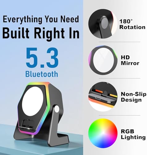 Image of Hupoaf Wireless Induction Speaker, 5 in1 Bluetooth Phone Speaker with Mirror, Stereo Sound, RGB Ambient Light, 2600mAh, Tech Gifts for Men Women, Adjustable Phone Stand for iOS /Android, RGB-Black