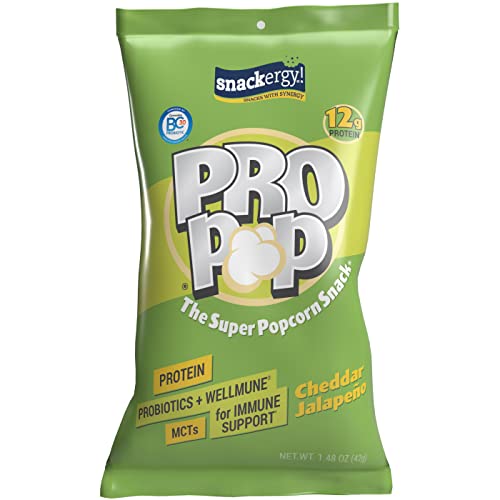 PRO POP Protein Popcorn Snack, Cheddar Jalapeno - 12g Protein, GanadenBC30 Probiotic, Wellmune (4 Single-Serve Bags)