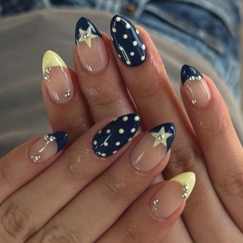 Uñas a presión de fácil aplicación, color azul y amarillo, combo de arte francés, detalles de estrellas, accesorios de uñas ABS uñas postizas ABS