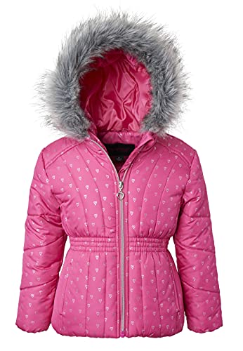Sportoli Girl Winter Dot Heart Foil Print Puffer Jacket Coat Faux Fur Trim Hood - Berry Silver Hearts (Size 6X)3