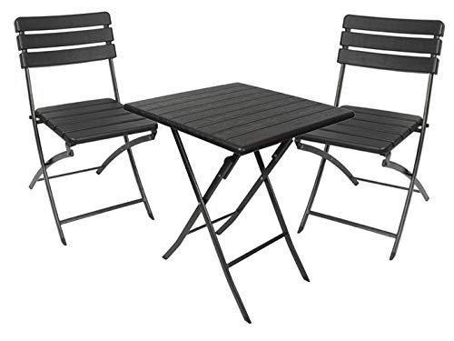 PEREL Durable Garden Furniture Set in Wood Effect - Square Folding Table + 2 Folding Chairs