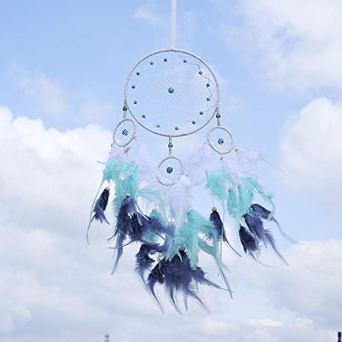 Dream Catcher for Home Decor, Handmade Sleek Dreamcatcher Blue and White Beads and Feathers Wall Ornament Gift for Bedroom