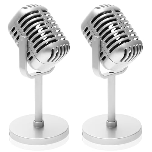 Windspeed 2 Pack Retro Microphone Props Model, 6.7x3.1in Antique Microphone Prop with Stand Fake Micro Phone Decoration for Music Theam Party Decorations Pretend Play(Not True) (Silver)