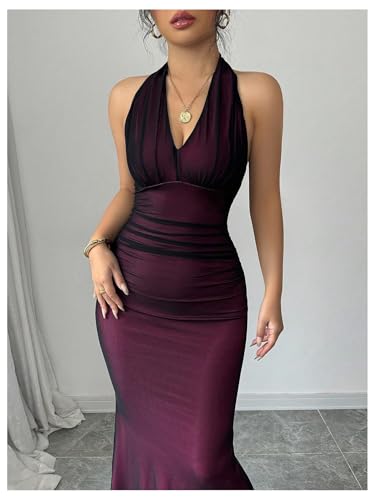 GORGLITTER Women's Mesh Halter Wedding Guest Maxi Dresses Backless Ruched Sleeveless Bodycon Dress4