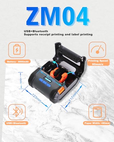 Image of ZYWELL ZM04 1.0 Label Maker, Bluetooth Thermal Label & Receipt Printer Two-in-One 58mm /80mm,Portable for Android /Windows, NO iOS /MAC