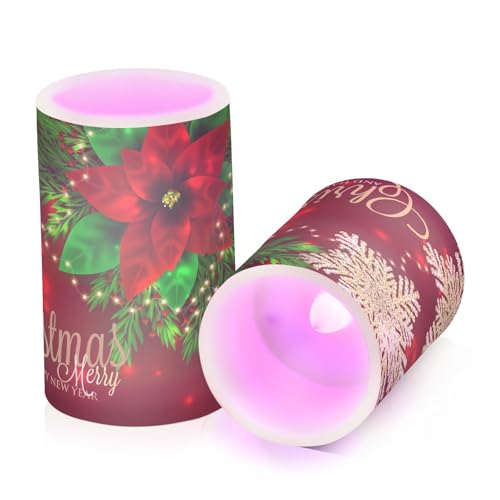 Image of Flickering Flameless Candles, Christmas Poinsettia Flower Snowflakes LED Candles with Remote Timer, Set of 2 Battery Operated Candle for Valentine Wedding Birthday