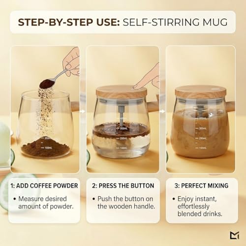 Image of Self Stirring Coffee Mug with Lid | Automatic Mixing Glass Cup for Coffee, Milk & Protein Drinks | Wooden Handle Mug for Home & Office