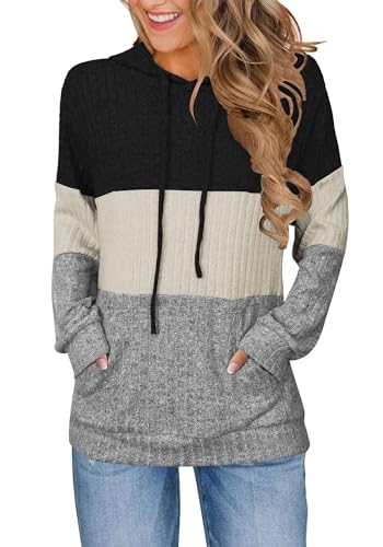 Bosmeer Fall Sweaters Long Sleeve Fashion Hoodies Sweatshirts Essentials Work Clothes for Women Black White Hooded Pullover Tops