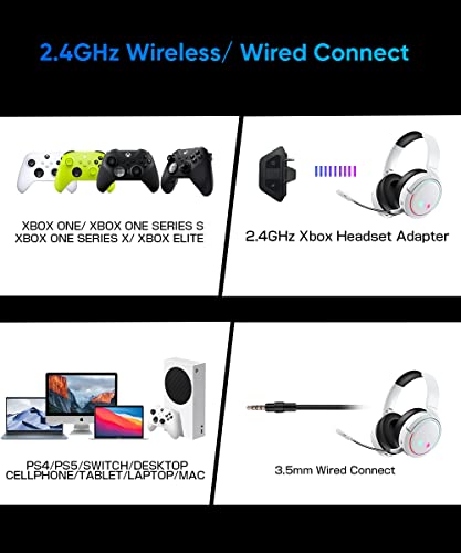 2.4Ghz Wireless Gaming Headset With Xbox Adapter, 7.1 Surround Sound, 3.5Mm Wired Games Headphones With Microphone Compatible With Xbox One, Xbox Series X/ S, Ps4, Ps5, Switch, Pc, Laptop (White) #TOP2