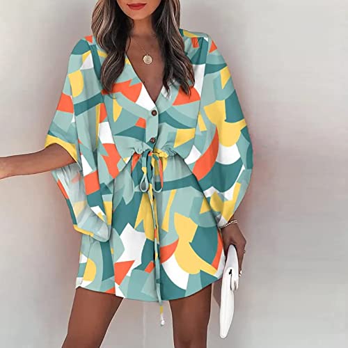 Boho Dresses For Women,2023 Summer Casual Trendy Loose Batwing Sleeve Button Down V Neck Drawstring Belt Mini Dress,Elegant Floral Flowy Hem Beach Dress Hawaiian Wear(C-Blue,2Xl) #TOP1