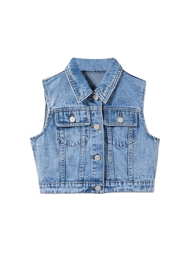 Verdusa Girl's Jean Jacket Denim Vest Button Down Fashion Sleeveless Cute Crop Tops