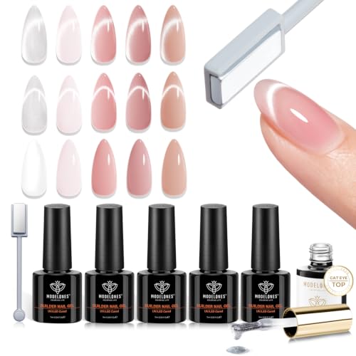 Image of modelones 5 Colors Builder Nail Gel, Cat Eye Gel Top Coat and Magnet Set | Rubber Color Base Gel Polish for Thickening Apex Building Strengthener Short Extension Home DIY Salon Girls LED Lamp Cured