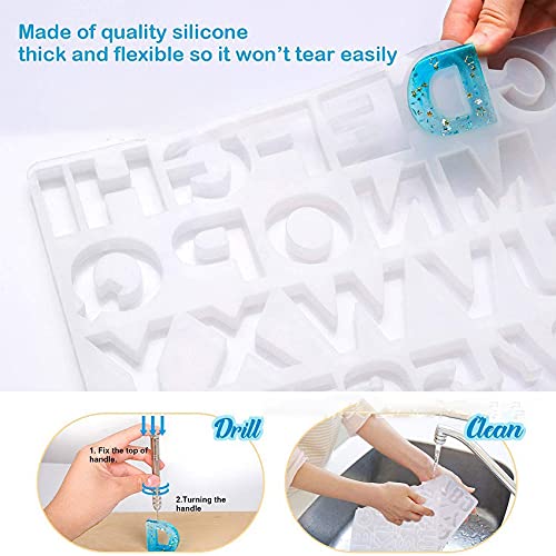 JYPS 2Pcs Letters Resin Molds Kit Alphabet Number Resin Keychains Mold, Epoxy Casting Silicone Molds with Resin Glitters Key Rings Drill Bits Hand Drill for DIY Jewelry