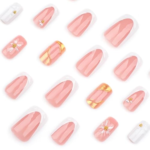 Image of White French Tip Press on Nails Gold Chrome Fake Nails Flower Glue on Nails with Pearl Design Medium Square Stick on Nail Reusable Artificial Acrylic Full Cover Nail for Women Girls Manicure 24Pcs