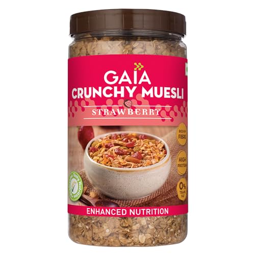 Image of Gaia Crunchy Muesli- Strawberry. Power-packed low calorie healthy breakfast, High Fiber,Source of Iron,No Trans Fat,No Cholesterol,Nutritious breakfast choice | 1 Kg