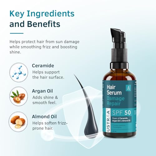 Image of Ustraa Damage Repair Hair Serum SPF 50 for Men - 30 ml | Protects Hair from Sun Damage & Frizz | With Ceramide, Argan Oil & Almond Oil | Smooth, Shiny & Healthy Looking Hair