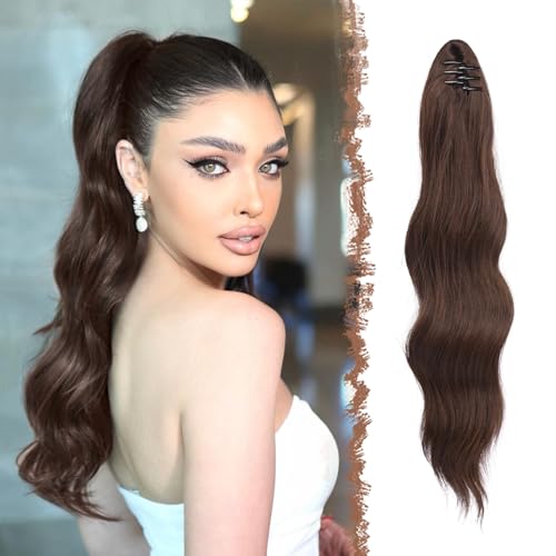 FESHFEN Postiche Queue de Cheval Extension Longue Ondulées avec Pince Extensions de Cheveux Synthétiques Postiche Queue de Cheval pour Femmes, Marron Chocolat 50 cm