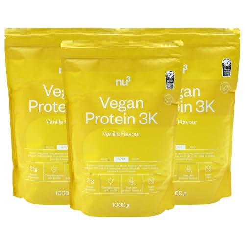 nu3 vegan Protein 3K Vanille 1 kg - Protein-Powder, pflanzlich, laktosefrei, ohne Soja, zuckerarm, gelatinefrei, aspartamfrei, cremig, Eiweißpulver für Muskelaufbau, Training & Alltag - 3x1000 g