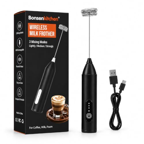 Image of Bonsenkitchen Handheld Milk Frother, Electric Hand Foamer Blender for Drink Mixer, Perfect for Bulletproof Coffee, Matcha, Hot Chocolate, Mini Battery Operated Milk Whisk Frother-Seafoam (Black)