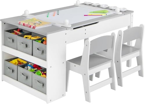 DREAMADE 3 in 1 Kindertisch mit 2 Stühlen aus Holz, Kinder Maltisch mit kippbarer Tischplatte & 6 Stoffboxen & Papierrolle, Kindersitzgruppe mit Stauraum für Kinderzimmer (Grau,mit 2 Ablagen)
