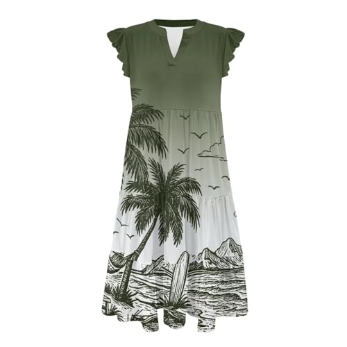 Image of Women's Casual Ruffle Sleeve Dress V Neck Pullover Dress Flowy A-Line Pleated Lightweight Dress with Pockets