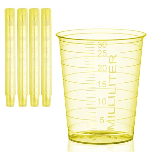 HaseMed Medizinbecher 30ml, graduiert, Kunststoffbecher für Medizin, Labor, Proben und Haushalt, hygienisch & vielseitig, 80 Stück im Set (Gelb)