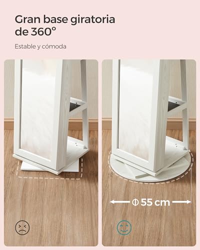 SONGMICS Armario Joyero, Armario para Joyas Independiente con Espejo Entero, Giro de 360°, con Estante y Llave, para Dormitorio, Idea de Regalo, Blanco con Vetas de Gris Claro JBC62W - imagen 6