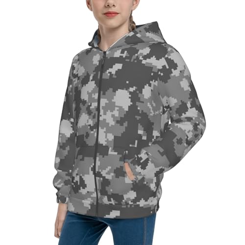 Gray Camo Pattern Kids Pullover Hoodies Boys Zip Up Sweatshirts Girls Athletic Clothes with Pocket