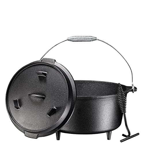 Bruntmor-Round-Cast-Iron-Pot-Pre-Seasoned-3-Legged-Dutch-Oven-Pot-with-Lid-85-Quart-with-Metal-spring-Handle-Cast-Iron-Skillet-Campfire-Cooking-Equipment-Cast-Iron-Cauldron-Enameled-Cast-Iron