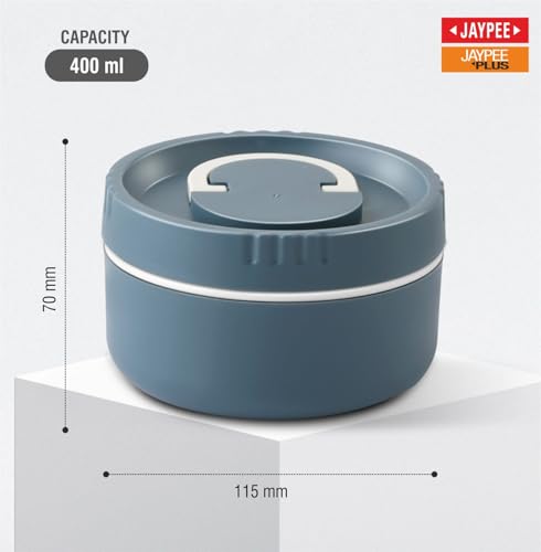 Image of Jaypee Plus Snackpac Airtight Leakproof Container 400 ml Lunch Box for School, Office, Ideal for Snacks and Meal, Keeps Food Hot & Fresh Inner Stainless Steel Easy to Carry Handle, Mirror Grey