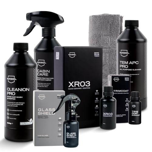 Nasiol Car Nano Protection and Cleaning Package Professional-Advantage Set-(Rain Repellent,Ceramic Coating,Plastic Protection,Fabric Protection,Car Shampoo,Car Interior Cleaner,Microfiber Cloth)