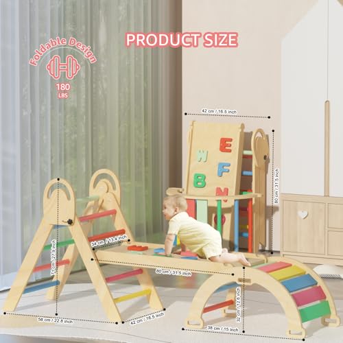 Image of Pikler Triangle Set, Montessori Climbing Set, Baby Climbing Playset Toys Indoor, Jungle Gyms for Toddlers Ages 1-4, Toddler Climbing Playground (Rainbow-Nature)