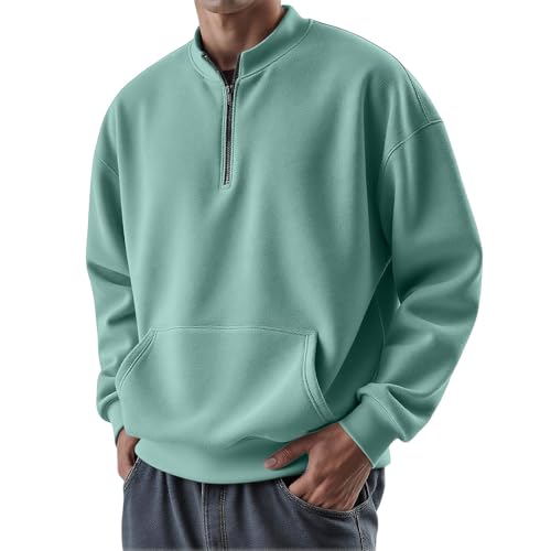 Sudadera de cuello alto con cremallera de un cuarto, color sólido, bolsillo tipo canguro suelto, cuello alto, sin capucha, sudaderas al aire libre, gimnasio, entrenamiento, casual, manga larga, verde
