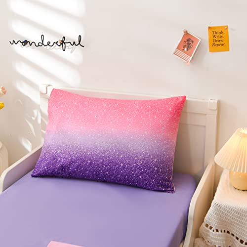 Ntbed 4 Pieces Toddler Bedding Set For Baby Girls, Pink Purple Glitter Printed, Includes Comforter, Flat Sheet, Fitted Sheet And Pillowcase #TOP4