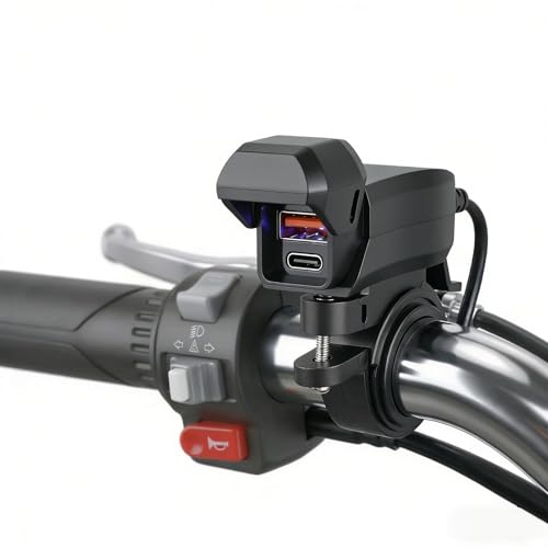 Intckwan Cargador USB para motocicleta, 36 W PD3.0 y 18 W QC3.0 de 2 puertos, protección IP65, 12 – 24 V CC, diseño compacto para moto, scooter, quad, cable de 1,40 m, 2 tipos de montaje