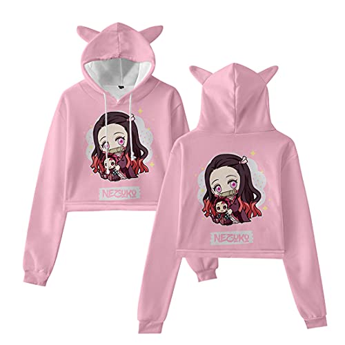 Amoma Women Girls Anime Cosplay Cute Cat Ear Hoodie Crop Top Pullover(Small,Nezuko Pink) #TOP2