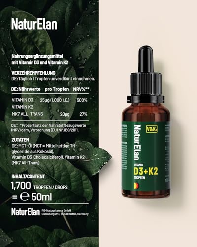 Vitamin D3 K2 hochdosiert Tropfen - 50ml, 1000 I.E. Vitamin D3 pro Tropfen, vegetarisch, ohne Zusätze, in Deutschland produziert