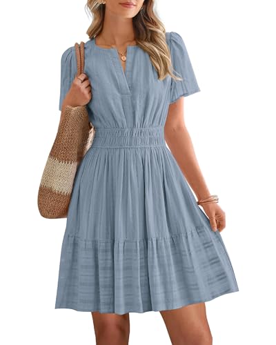 BTFBM Womens Spring 2026 Casual Mini Dresses Lightweight Short Sleeve V Neck Elastic Waist Cute Boho Beach Dress Pockets(Blue Grey, XX-Large)