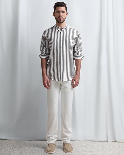 Image of MUFTI Men Shirt | Slim Fit Mandarin Collar Vertical Striped Design | Premium Viscose Nylon Blend & Crinkled Texture for Smart Casual & Weekend Wear
