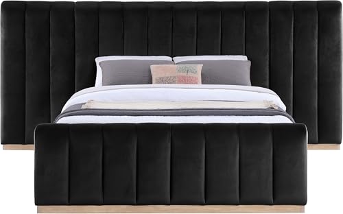 Image of Meridian Furniture AmaraBlack-Q117 Collection Modern | Contemporary Queen Bed, Ultra Luxe Black 460 GSM Velvet, Natural Finish, Solid Wood Base and Inner Frame, 117 inch W x 99 inch D x 51 inch H, Black, Queen