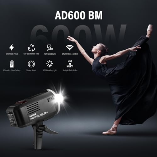 Godox AD600BM 600Ws GN87 HSS 1/8000s Outdoor Flash Strobe Studio Monolight with Bowens Mount, 8700mAh Battery, 2.4G Wireless X System with Standard Reflector