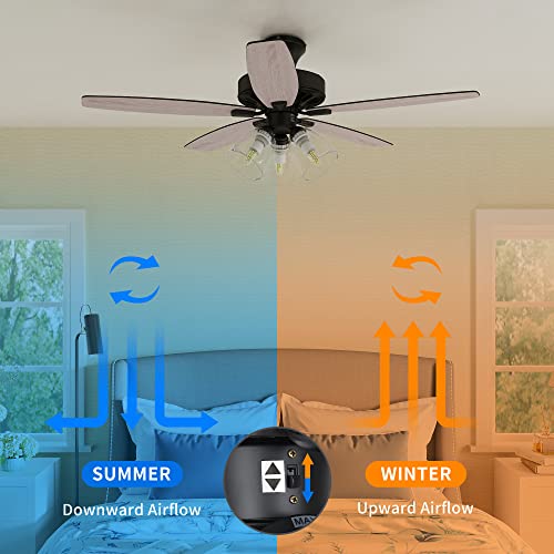 Yitahome Farmhouse Ceiling Fan With Light And Remote, 52 Inch Low Profile Flush Mount Ceiling Fan With Clear Seeded Glass Light Kit, Quiet Reversible Motor, 3 Speed, Timer, Oak And Black #TOP2